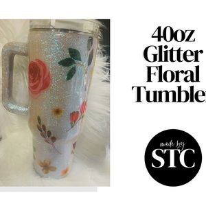 Handmade floral glitter 40oz tumbler with straw